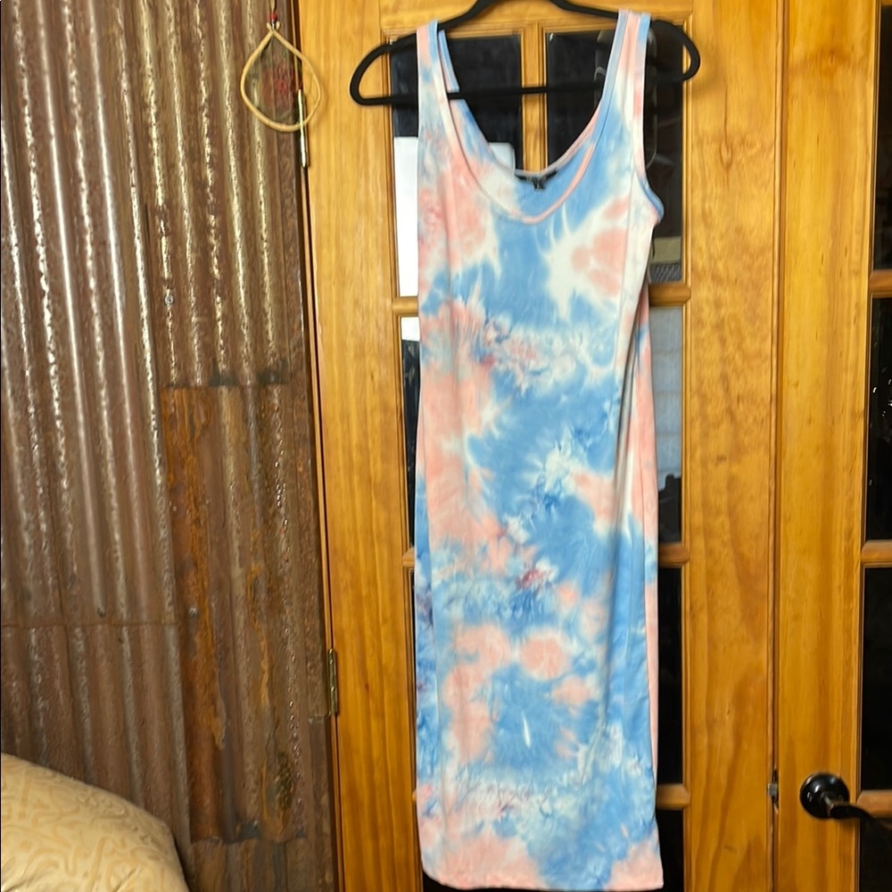 Blue and Pink tie-dye Sleeveless Sheath Midi Dress, Size L